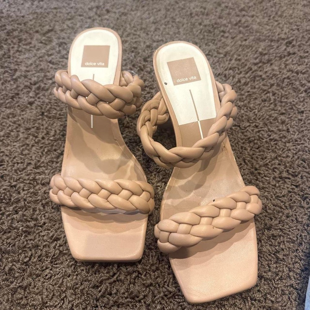 Dolce Vita Paily Braided Heeled Sandals Nude Cafe Square Toe Block Heel Mules